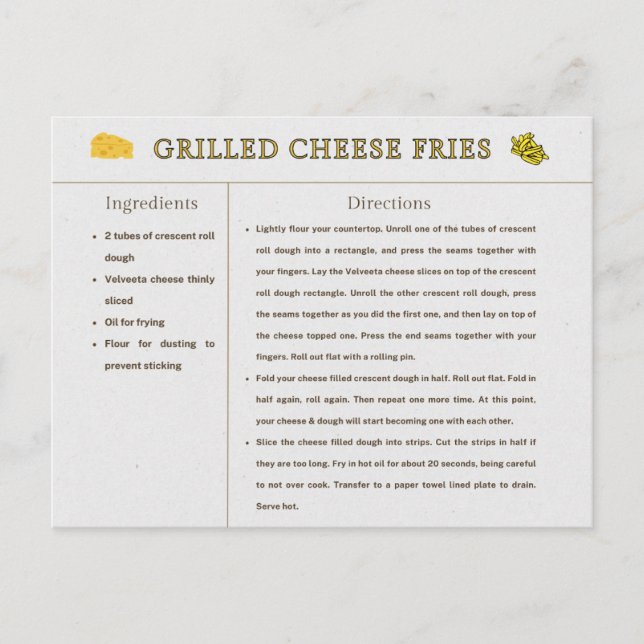 Carte Recette Fromage Grillé Fries Thanksgiving Fo (Devant)
