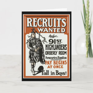 Carte Recruitment 91st Highlanders Bagpiles WWI