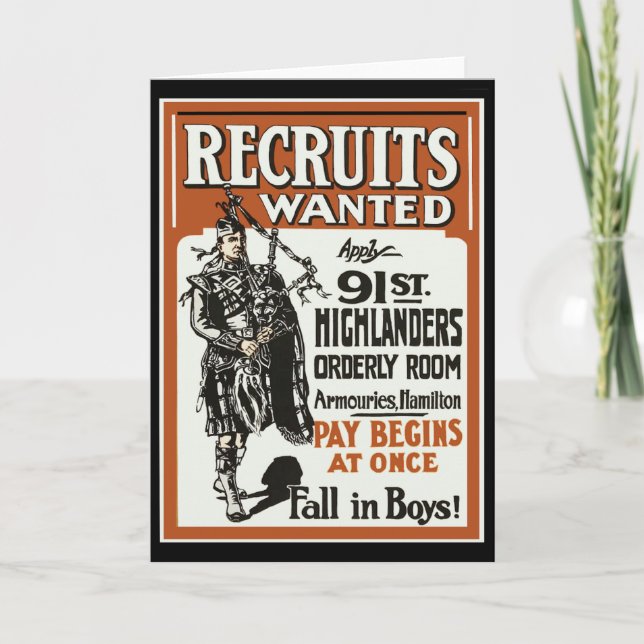 Carte Recrutement 91e Highlanders Bagpiles Première Guer (Devant)
