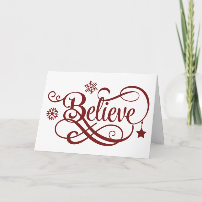 Carte Red Believe Snowflakes Stars Calligraphy Holiday (Devant)