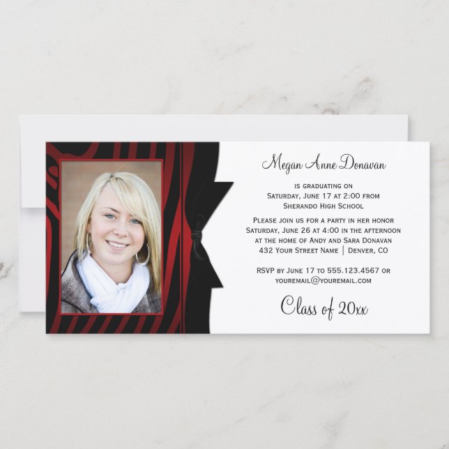 Carte Red Black Zebra Print Photo Graduation Party (Devant)