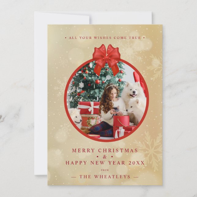 Carte Red Bow Snowflakes Christmas Round Family Photo (Devant)