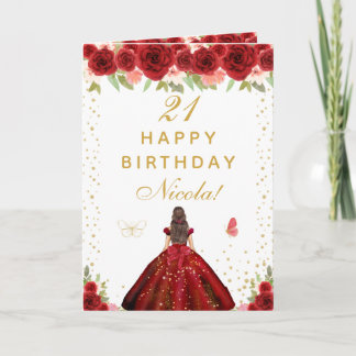Carte Red Floral Brunette Hair Girl Birthday