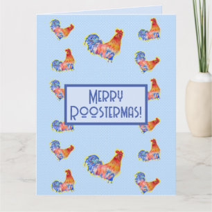 Carte Red Funny Rooster Cockerel Blue Christmas Card