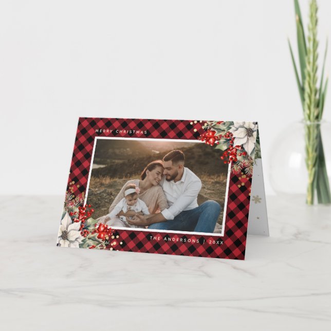 Carte Red Holly Berries Poinsettia Photo Christmas (Devant)