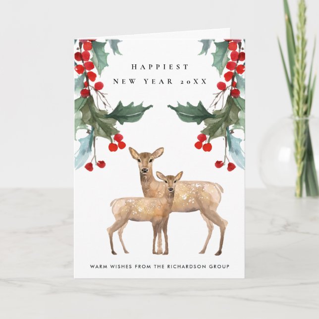 CARTE RED HOLLY BERRY DEER DUO NOUVEL AN LOGO D'ENTREPRI (Devant)