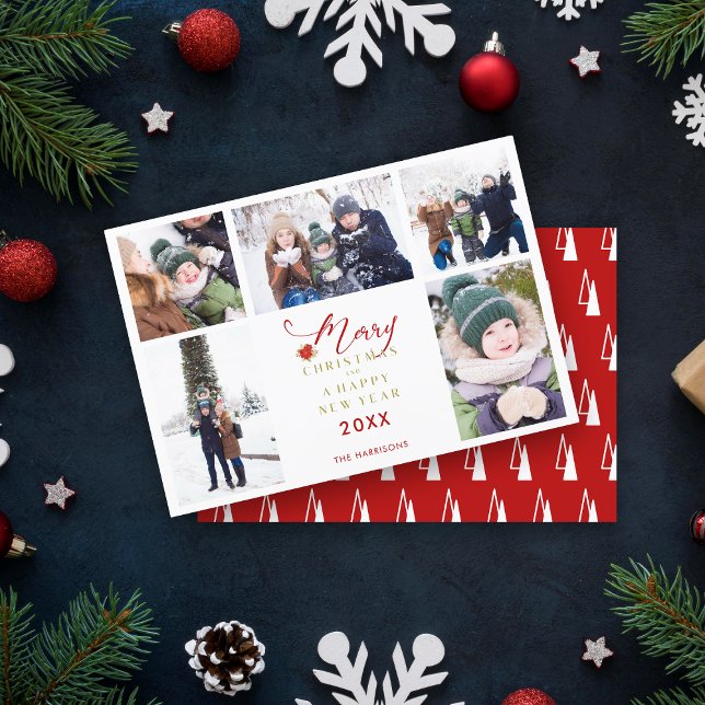 Carte Red Joyeux Noël Chic Trendy Collage 5 Photos (Créateur téléchargé)