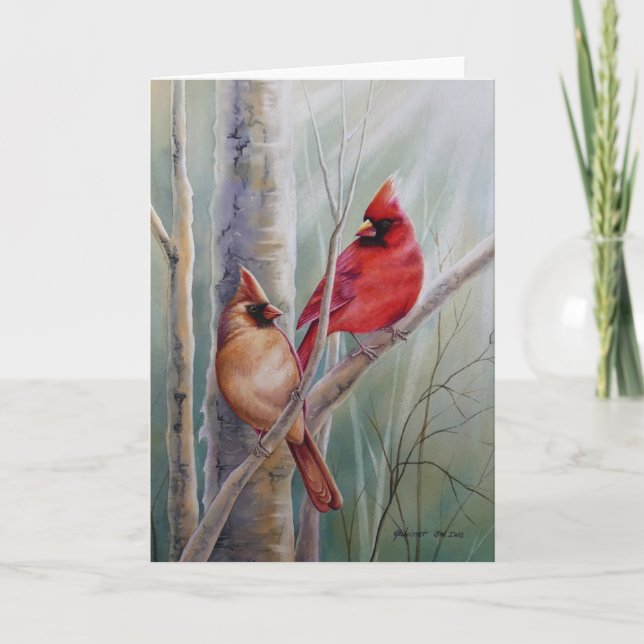 Carte Red Northern Cardinal Bird Pair Aquarelle Art (Devant)