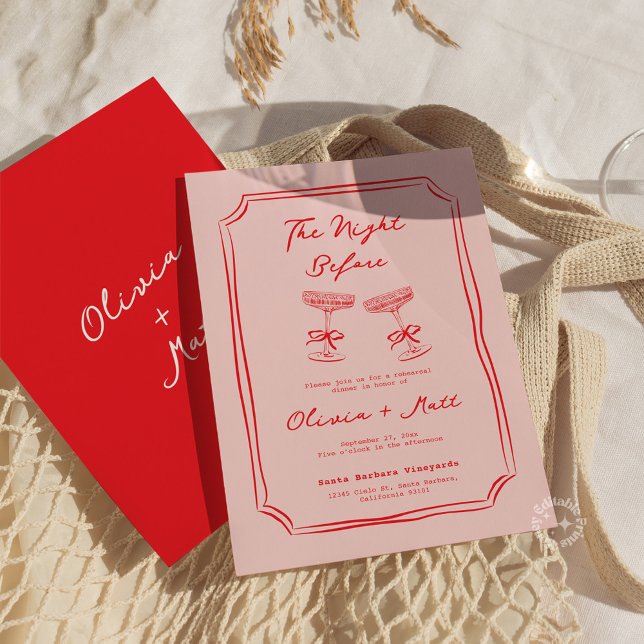 Carte Red + Pink Handwritten Wedding Rehearsal Dinner (whimsical rehearsal dinner cocktails drinks wedding invite)
