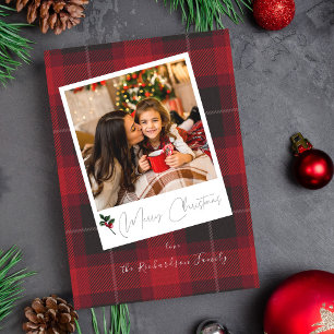 Carte Red Plaid Instantané Photo Joyeux Noël