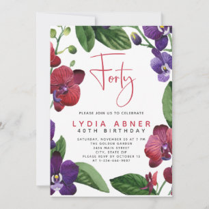 Carte Red Purple Orchids 40e anniversaire de fête Invita
