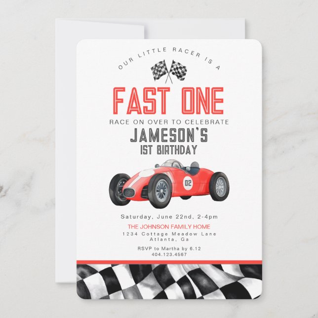 Carte Red Race Car Fast One 1st Birthday Party Invitatio (Devant)
