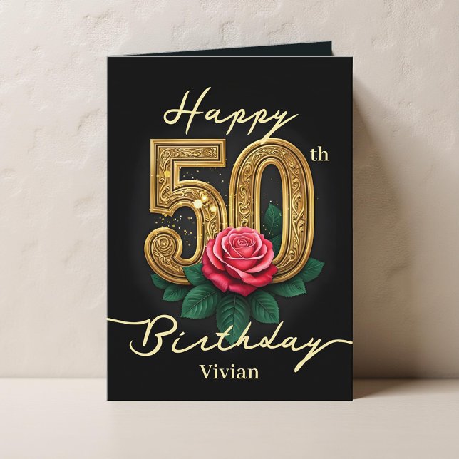 Carte Red Rose et Gold Filigree Numéro 50e anniversaire (Créateur téléchargé)