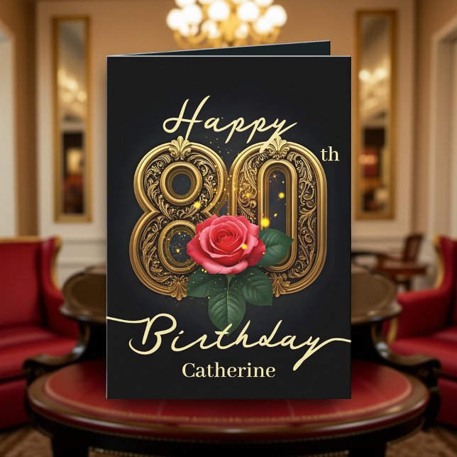 Carte Red Rose et Gold Filigree Numéro 80e anniversaire (Créateur téléchargé)