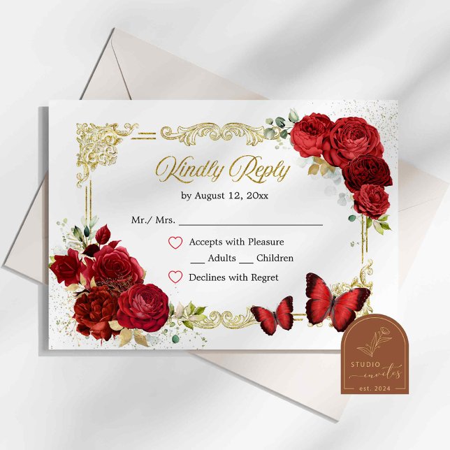 Carte Red Rose Gold Quinceañera RSVP (Créateur téléchargé)