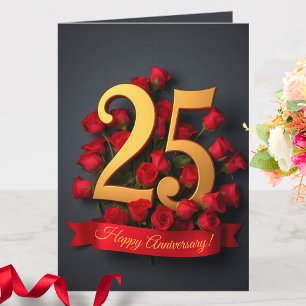 Carte Red Roses Gold Numéro 25e anniversaire Mariage