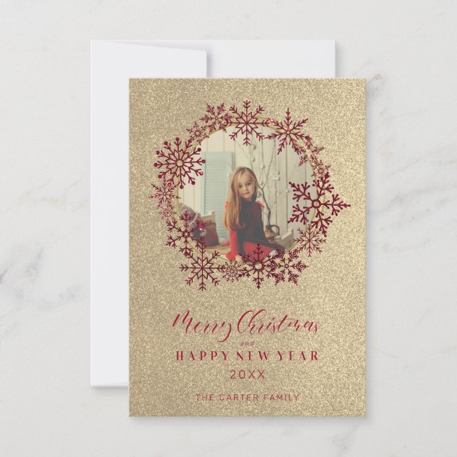Carte Red Sparkles Snowflakes Christmas Family Photo (Devant)