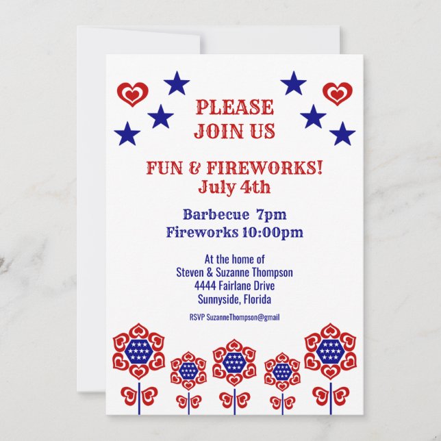 Carte Red White Blue Flower Stars Patriotique Juillet 4 (Devant)
