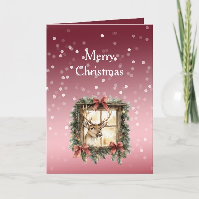 Carte Red White Bokeh Dots Christmas Deer in Window (Devant)