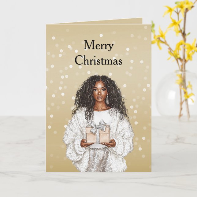 Carte Red White Bokeh Dots Christmas Pretty Black Girl (Fleur jaune)