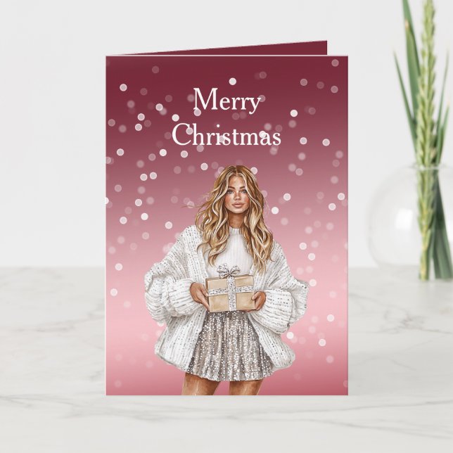 Carte Red White Bokeh Dots Christmas Pretty Blond Girl (Devant)