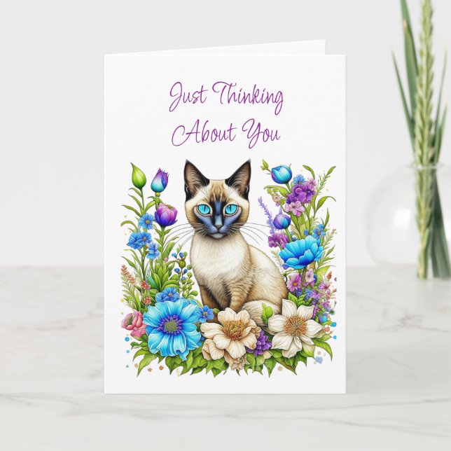 Carte Réfléchissez à votre sujet | Chat siamois en fleur (Devant)