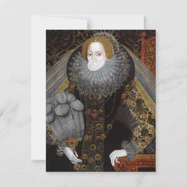 Carte Reine Elizabeth I soufflant un chewing-gum blanc (Devant)