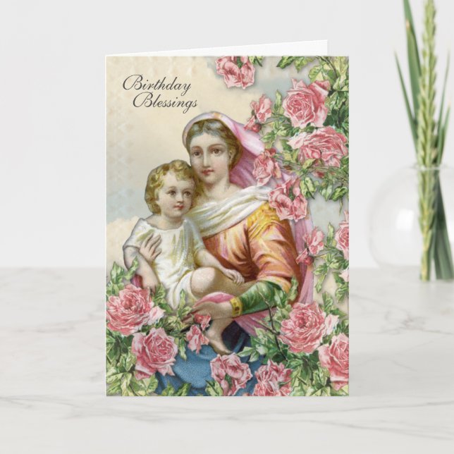 Carte Religieux Anniversaire Vierge Marie Jésus Roses ro (Devant)