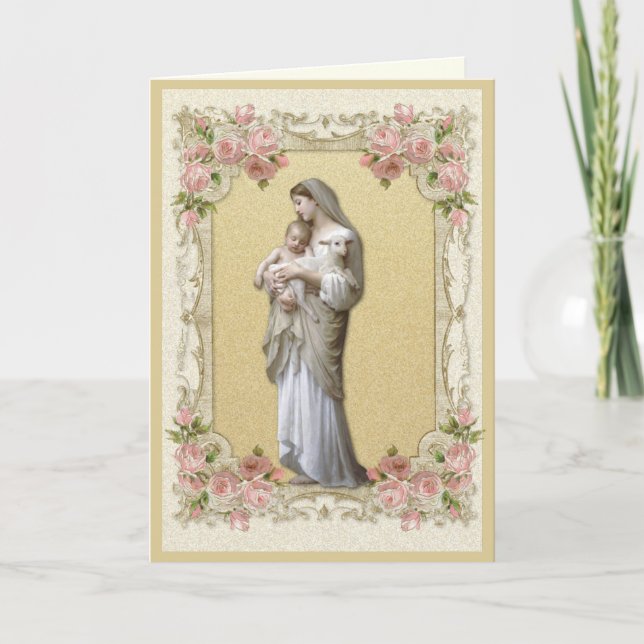 Carte Religieux Élégant Or Vierge Marie Roses (Devant)
