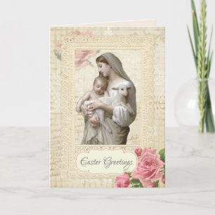Carte Religieux Vintage Joyeux Pâques Marie Jésus Floral