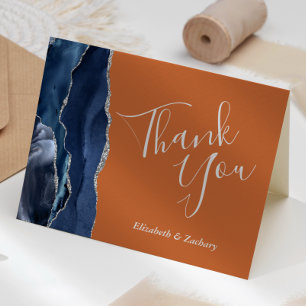 Carte Remerciement de mariage Agate Bleue Argent Orange
