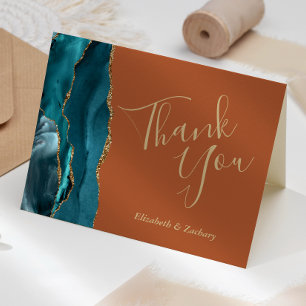 Carte Remerciement de mariage Agate sarcelle Or Orange b