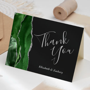 Carte Remerciement de mariage argent Agate Vert Chasseur