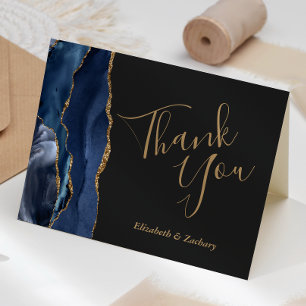Carte Remerciement de mariage bleu marine agate dorée so
