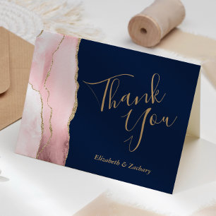 Carte Remerciement de mariage Navy Pailleté Or Agate Ros