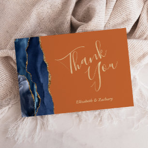 Carte Remerciement de mariage plat bleu marine agate or