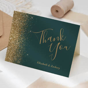 Carte Remerciement de mariage vert foncé paillettes doré