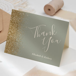 Carte Remerciement de mariage vert sauge paillettes doré