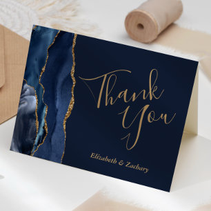 Carte Remerciements de mariage en agate or bleu marine