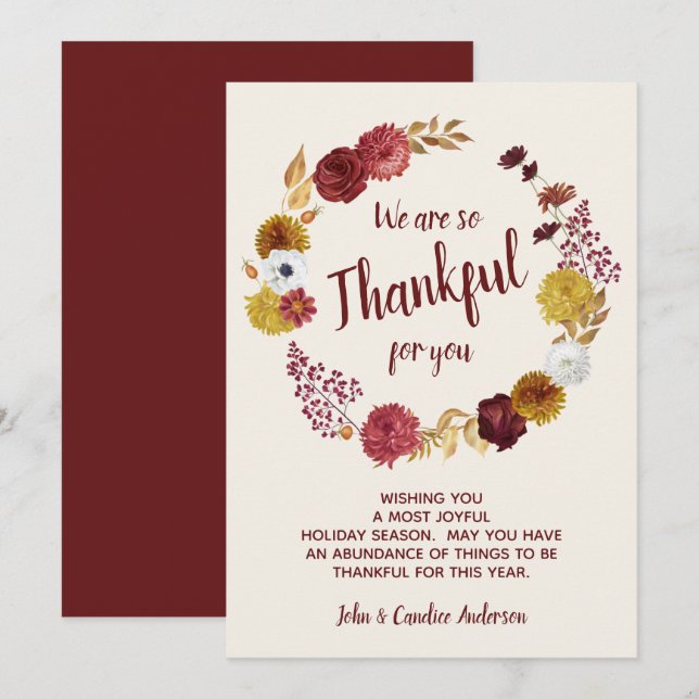 Carte Remerciements Thanksgiving Bourgogne Gold Floral (Devant / Derrière)