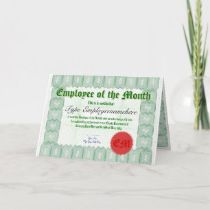 Carte Remise d'un prix de certificat d'employé du mois
