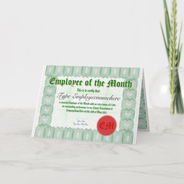 Carte Remise d'un prix de certificat d'employé du mois (Devant)