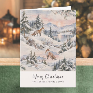 Carte Renard de la forêt hivernale Paysage enneigé aquar