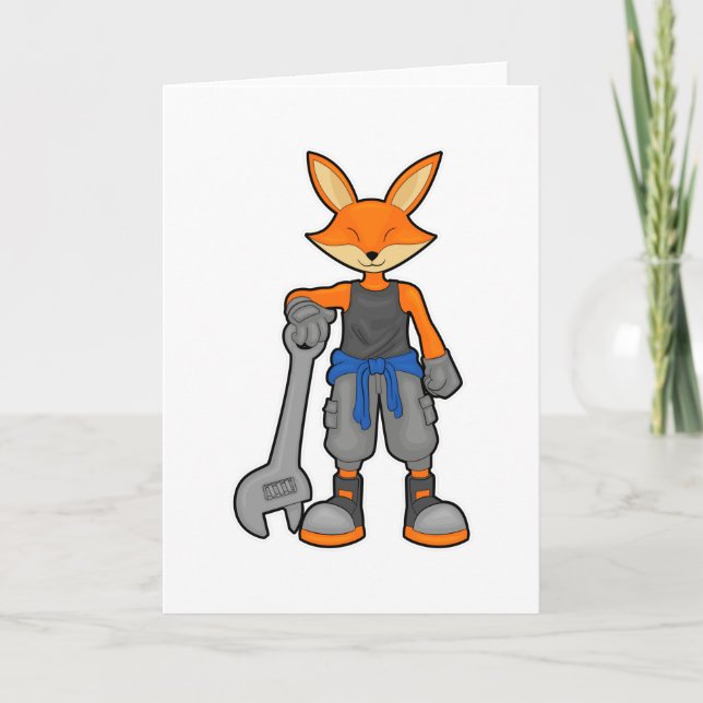 Carte Renard en mécanicien avec clé à écrou (Devant)