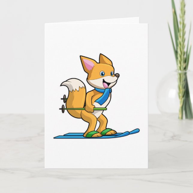 Carte Renard en ski avec des pôles de ski (Devant)