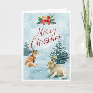 Carte Renard et Lapin de Noël Scénique enneigé