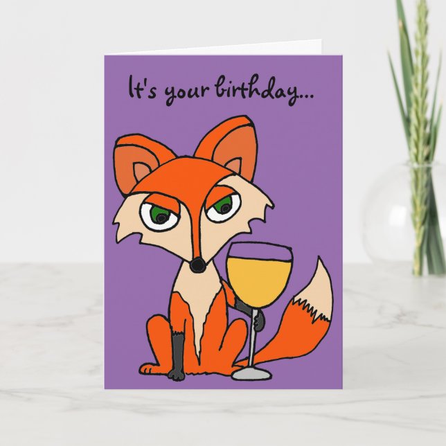 Carte Renard rouge avec verre de vin blanc (Devant)