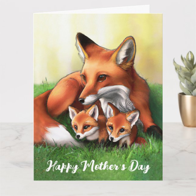 Carte Renard rouge Mère et Kits dans l'herbe (Petite plante)