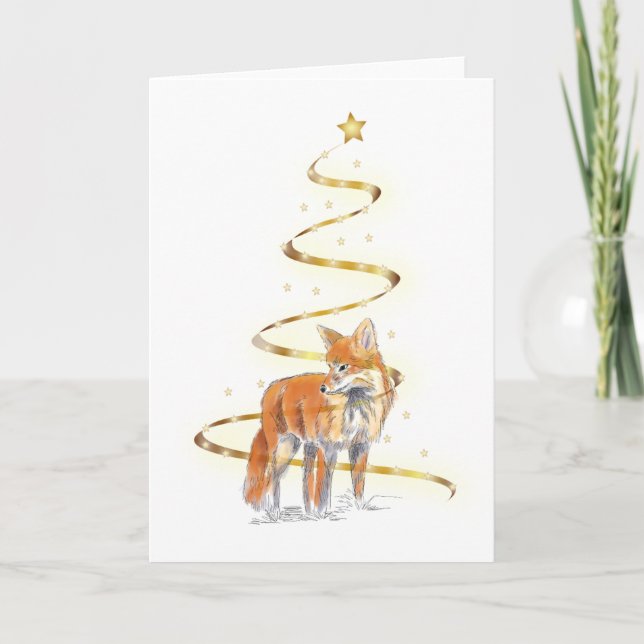 Carte Renard roux dans un arbre de Noël à ruban doré (Devant)