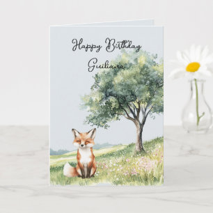 Carte Renard souriant mignon champ de fleurs arbre anniv